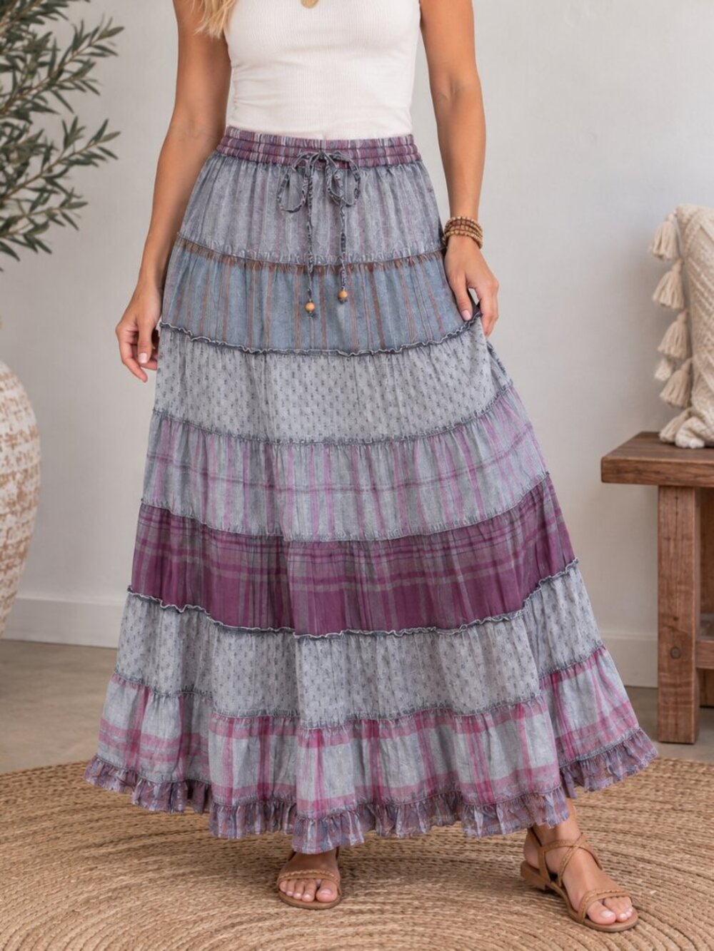 453. Women's Gray Retro Boho Tiered Skirt